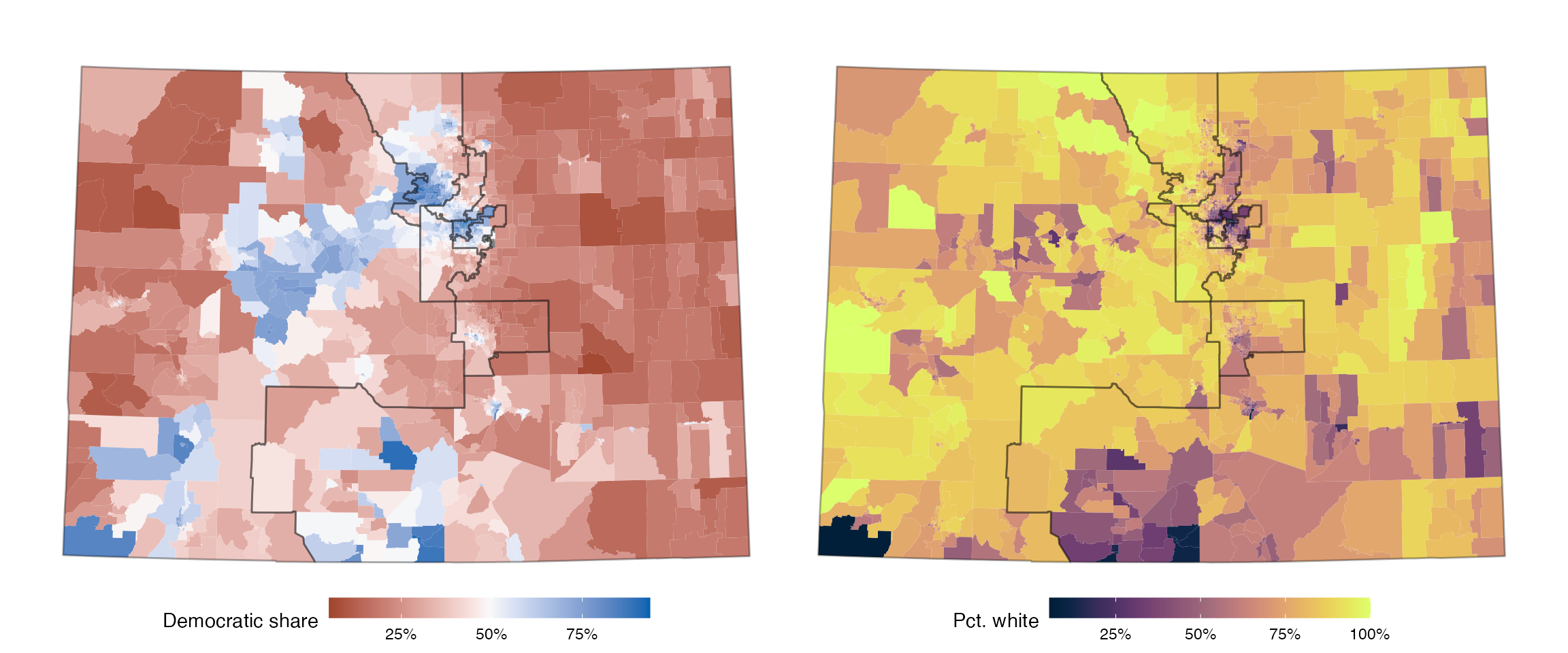 Partisan (2016 election) and demographic patterns in Colorado, with proposed districts overlaid.